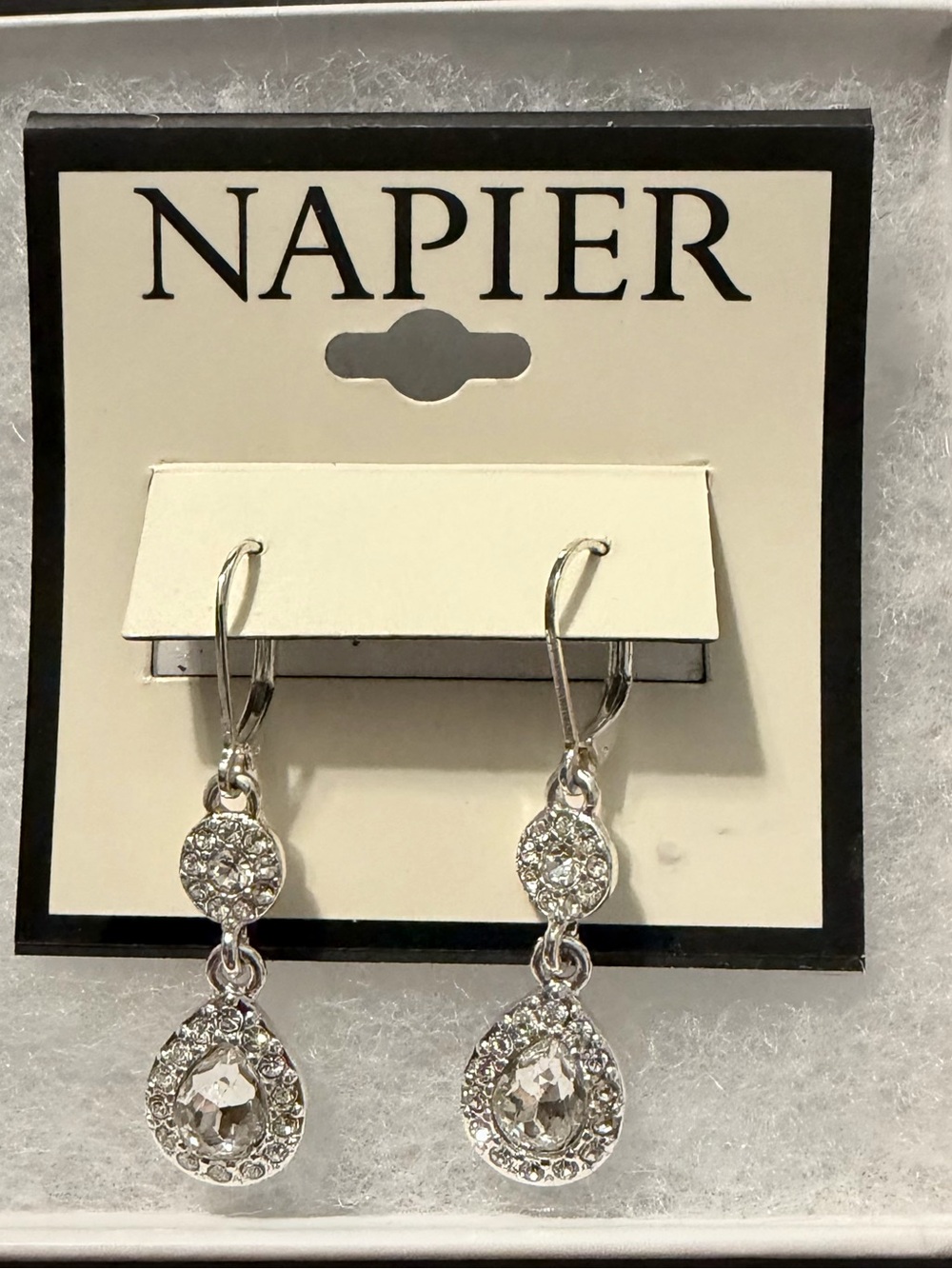 NWT Napier Women’s Silver-Tone Clear Crystal Teardrop Drop Earrings